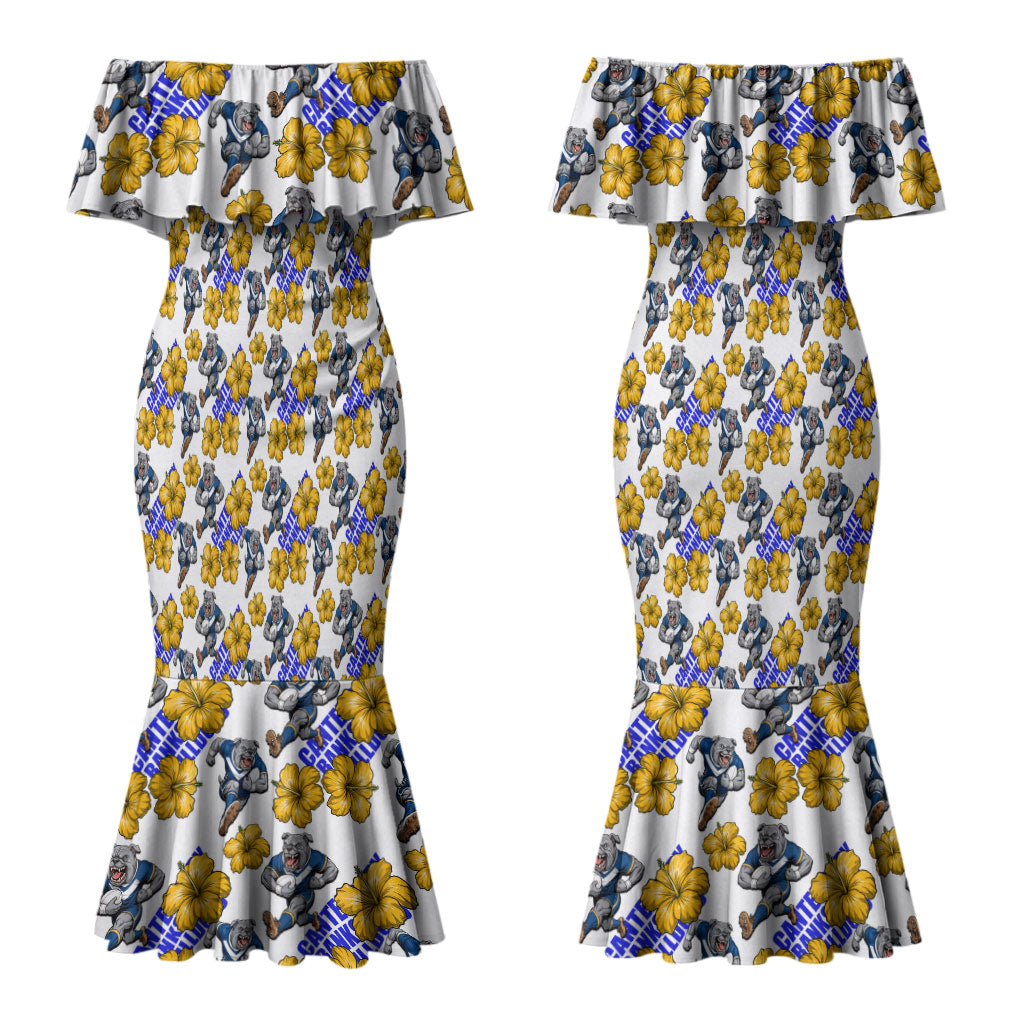 Canterbury-Bankstown Bulldogs Couples Matching Mermaid Dress and Long Sleeve Button Shirt Tropical Hibiscus Floral Seamless Rugby Mascot