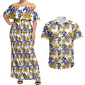 Canterbury-Bankstown Bulldogs Couples Matching Off Shoulder Maxi Dress and Hawaiian Shirt Tropical Hibiscus Floral Seamless Rugby Mascot