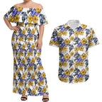 Canterbury-Bankstown Bulldogs Couples Matching Off Shoulder Maxi Dress and Hawaiian Shirt Tropical Hibiscus Floral Seamless Rugby Mascot