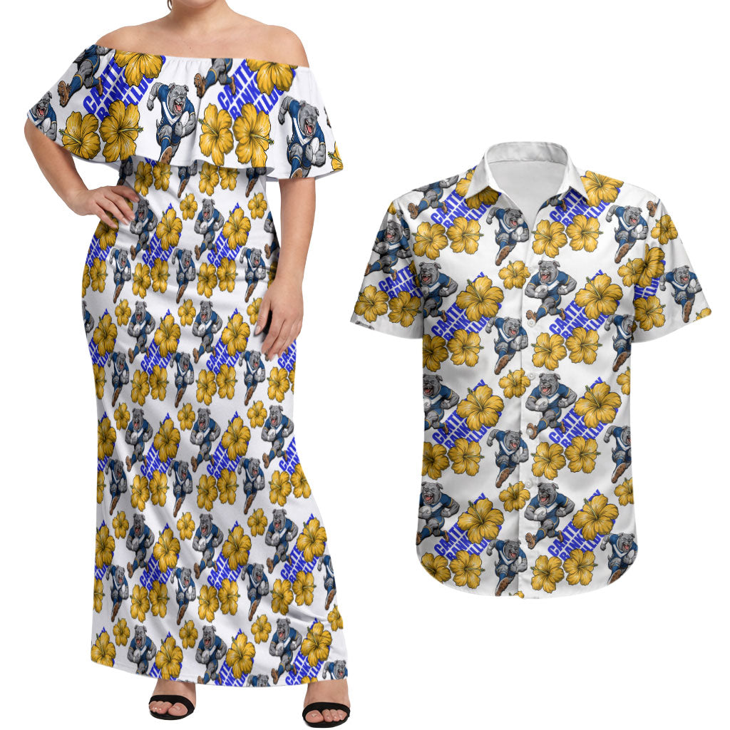 Canterbury-Bankstown Bulldogs Couples Matching Off Shoulder Maxi Dress and Hawaiian Shirt Tropical Hibiscus Floral Seamless Rugby Mascot