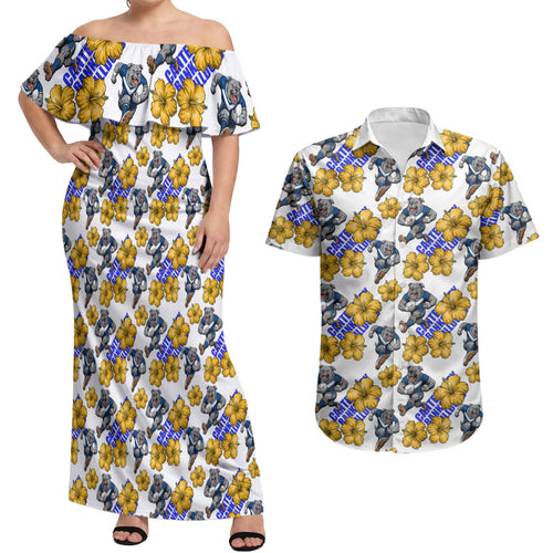 Canterbury-Bankstown Bulldogs Couples Matching Off Shoulder Maxi Dress and Hawaiian Shirt Tropical Hibiscus Floral Seamless Rugby Mascot