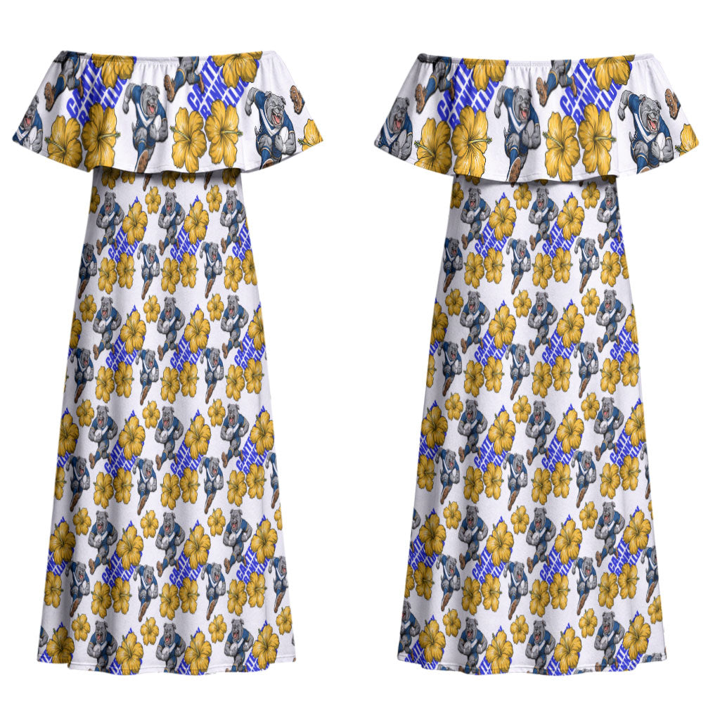 Canterbury-Bankstown Bulldogs Couples Matching Off Shoulder Maxi Dress and Hawaiian Shirt Tropical Hibiscus Floral Seamless Rugby Mascot