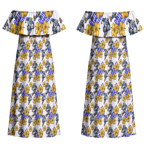 Canterbury-Bankstown Bulldogs Couples Matching Off Shoulder Maxi Dress and Hawaiian Shirt Tropical Hibiscus Floral Seamless Rugby Mascot