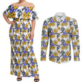 Canterbury-Bankstown Bulldogs Couples Matching Off Shoulder Maxi Dress and Long Sleeve Button Shirt Tropical Hibiscus Floral Seamless Rugby Mascot