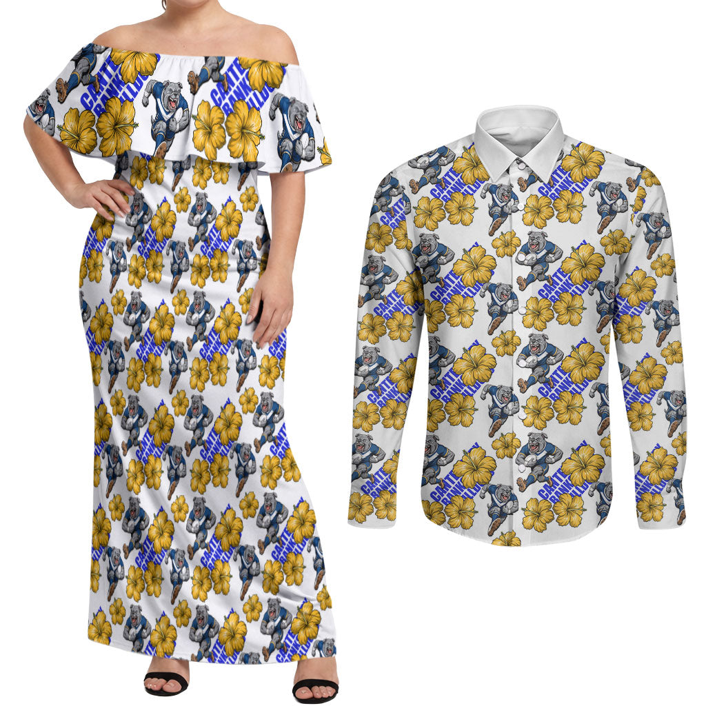 Canterbury-Bankstown Bulldogs Couples Matching Off Shoulder Maxi Dress and Long Sleeve Button Shirt Tropical Hibiscus Floral Seamless Rugby Mascot