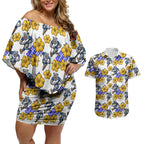 Canterbury-Bankstown Bulldogs Couples Matching Off Shoulder Short Dress and Hawaiian Shirt Tropical Hibiscus Floral Seamless Rugby Mascot