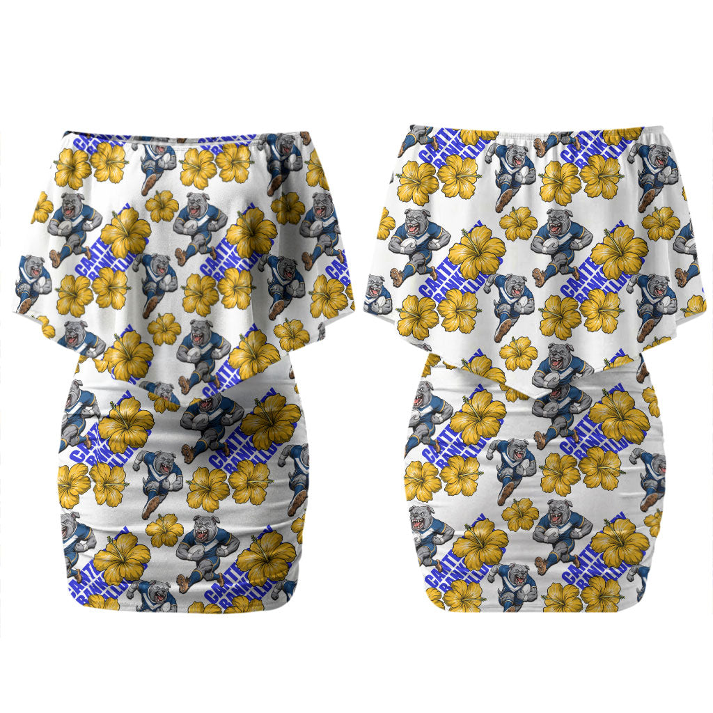 Canterbury-Bankstown Bulldogs Couples Matching Off Shoulder Short Dress and Hawaiian Shirt Tropical Hibiscus Floral Seamless Rugby Mascot