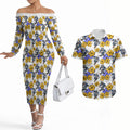 Canterbury-Bankstown Bulldogs Couples Matching Off The Shoulder Long Sleeve Dress and Hawaiian Shirt Tropical Hibiscus Floral Seamless Rugby Mascot