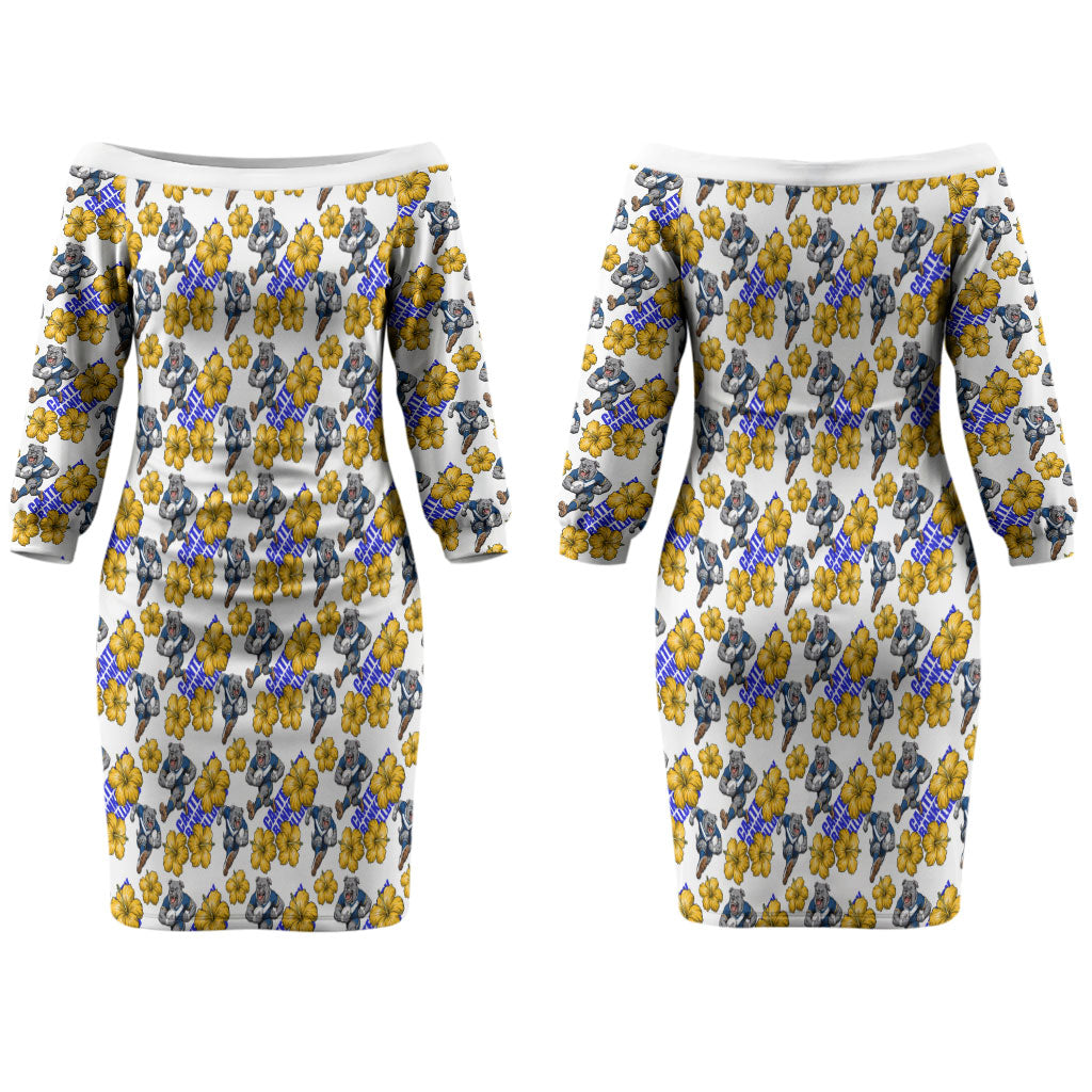 Canterbury-Bankstown Bulldogs Couples Matching Off The Shoulder Long Sleeve Dress and Hawaiian Shirt Tropical Hibiscus Floral Seamless Rugby Mascot