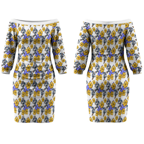 Canterbury-Bankstown Bulldogs Couples Matching Off The Shoulder Long Sleeve Dress and Hawaiian Shirt Tropical Hibiscus Floral Seamless Rugby Mascot