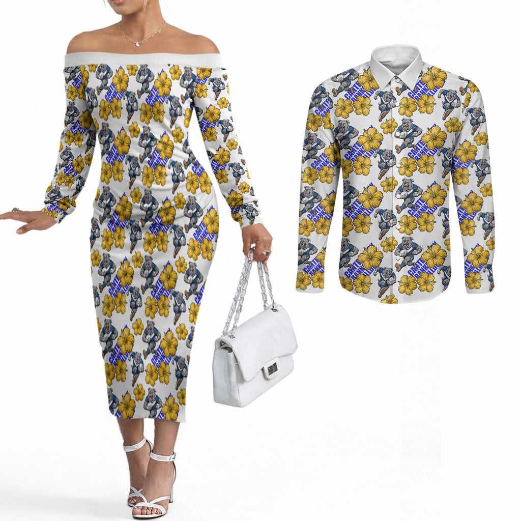 Canterbury-Bankstown Bulldogs Couples Matching Off The Shoulder Long Sleeve Dress and Long Sleeve Button Shirt Tropical Hibiscus Floral Seamless Rugby Mascot
