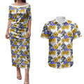 Canterbury-Bankstown Bulldogs Couples Matching Puletasi and Hawaiian Shirt Tropical Hibiscus Floral Seamless Rugby Mascot