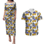Canterbury-Bankstown Bulldogs Couples Matching Puletasi and Hawaiian Shirt Tropical Hibiscus Floral Seamless Rugby Mascot