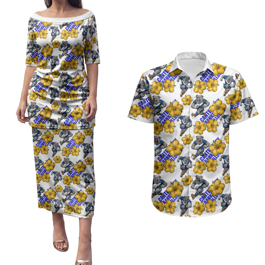 Canterbury-Bankstown Bulldogs Couples Matching Puletasi and Hawaiian Shirt Tropical Hibiscus Floral Seamless Rugby Mascot