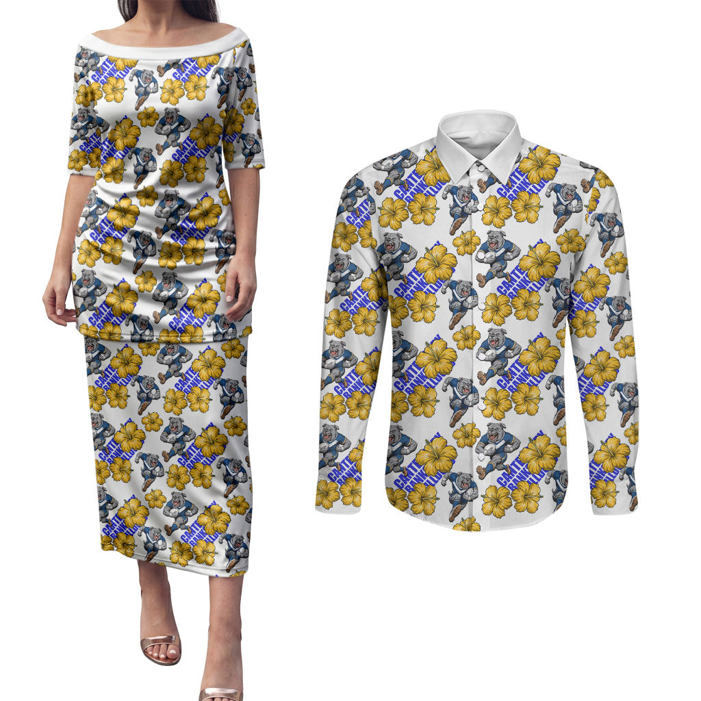 Canterbury-Bankstown Bulldogs Couples Matching Puletasi and Long Sleeve Button Shirt Tropical Hibiscus Floral Seamless Rugby Mascot
