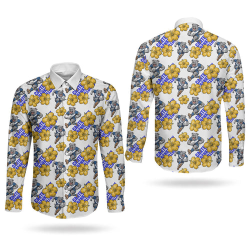 Canterbury-Bankstown Bulldogs Couples Matching Puletasi and Long Sleeve Button Shirt Tropical Hibiscus Floral Seamless Rugby Mascot