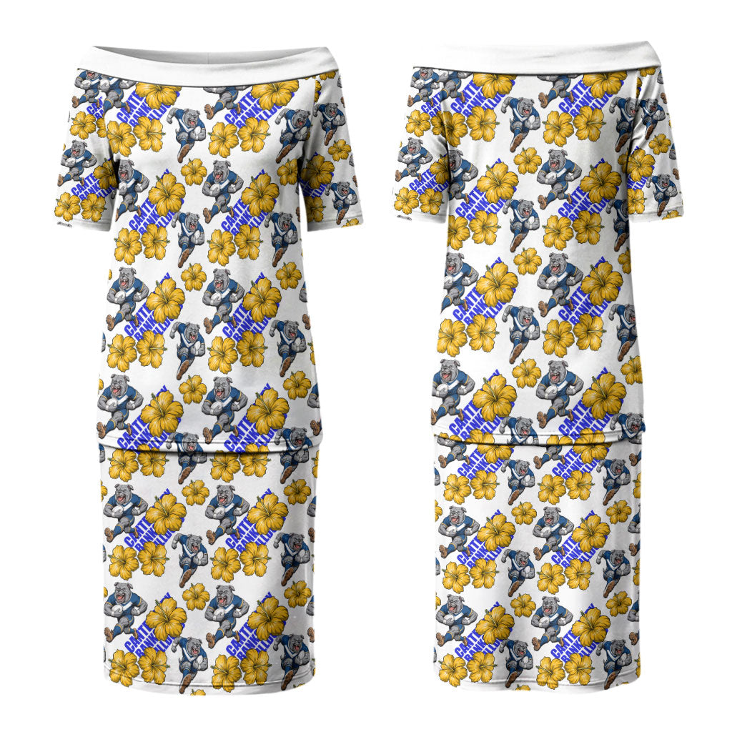 Canterbury-Bankstown Bulldogs Couples Matching Puletasi and Long Sleeve Button Shirt Tropical Hibiscus Floral Seamless Rugby Mascot