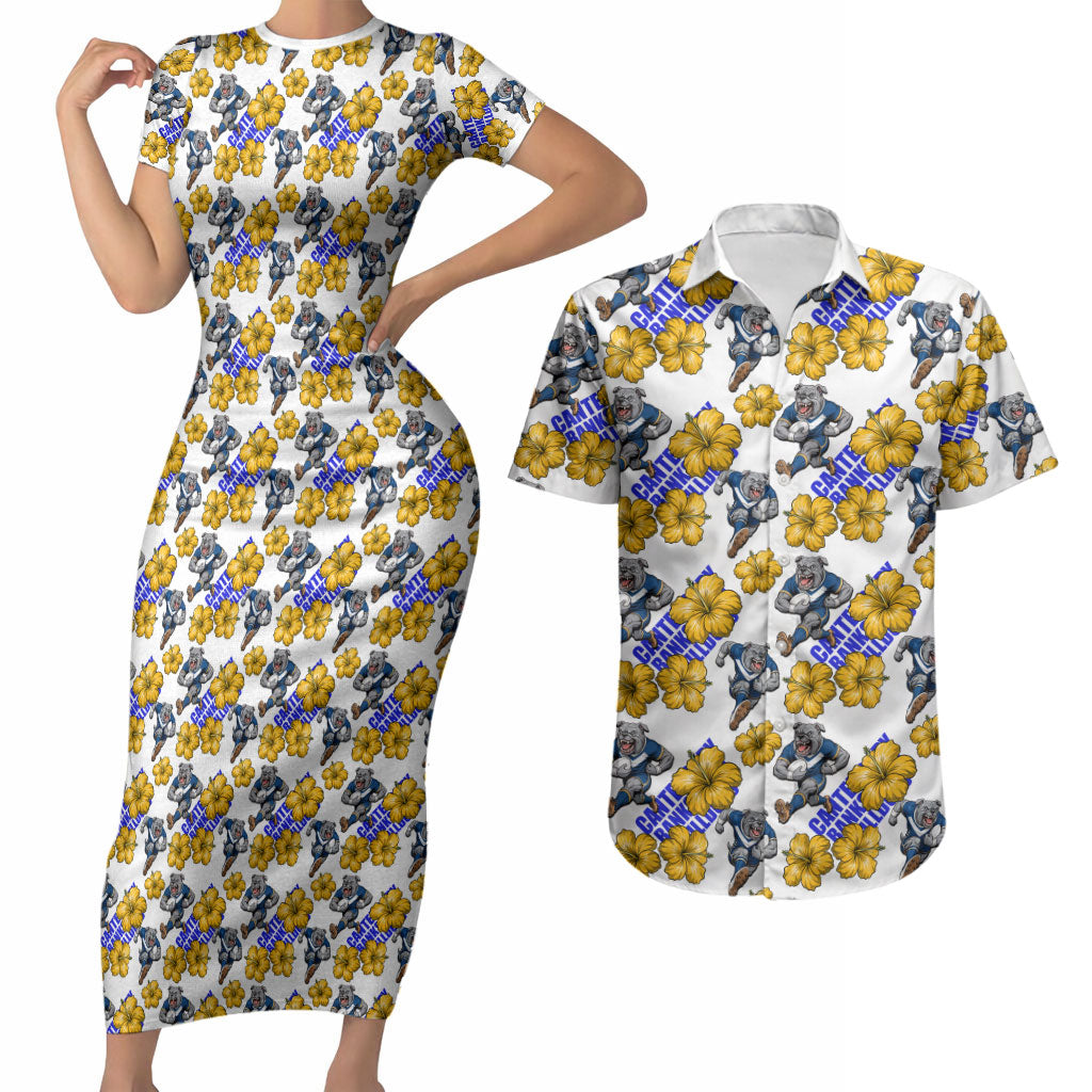 Canterbury-Bankstown Bulldogs Couples Matching Short Sleeve Bodycon Dress and Hawaiian Shirt Tropical Hibiscus Floral Seamless Rugby Mascot