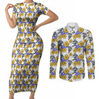 Canterbury-Bankstown Bulldogs Couples Matching Short Sleeve Bodycon Dress and Long Sleeve Button Shirt Tropical Hibiscus Floral Seamless Rugby Mascot