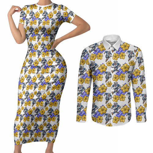 Canterbury-Bankstown Bulldogs Couples Matching Short Sleeve Bodycon Dress and Long Sleeve Button Shirt Tropical Hibiscus Floral Seamless Rugby Mascot