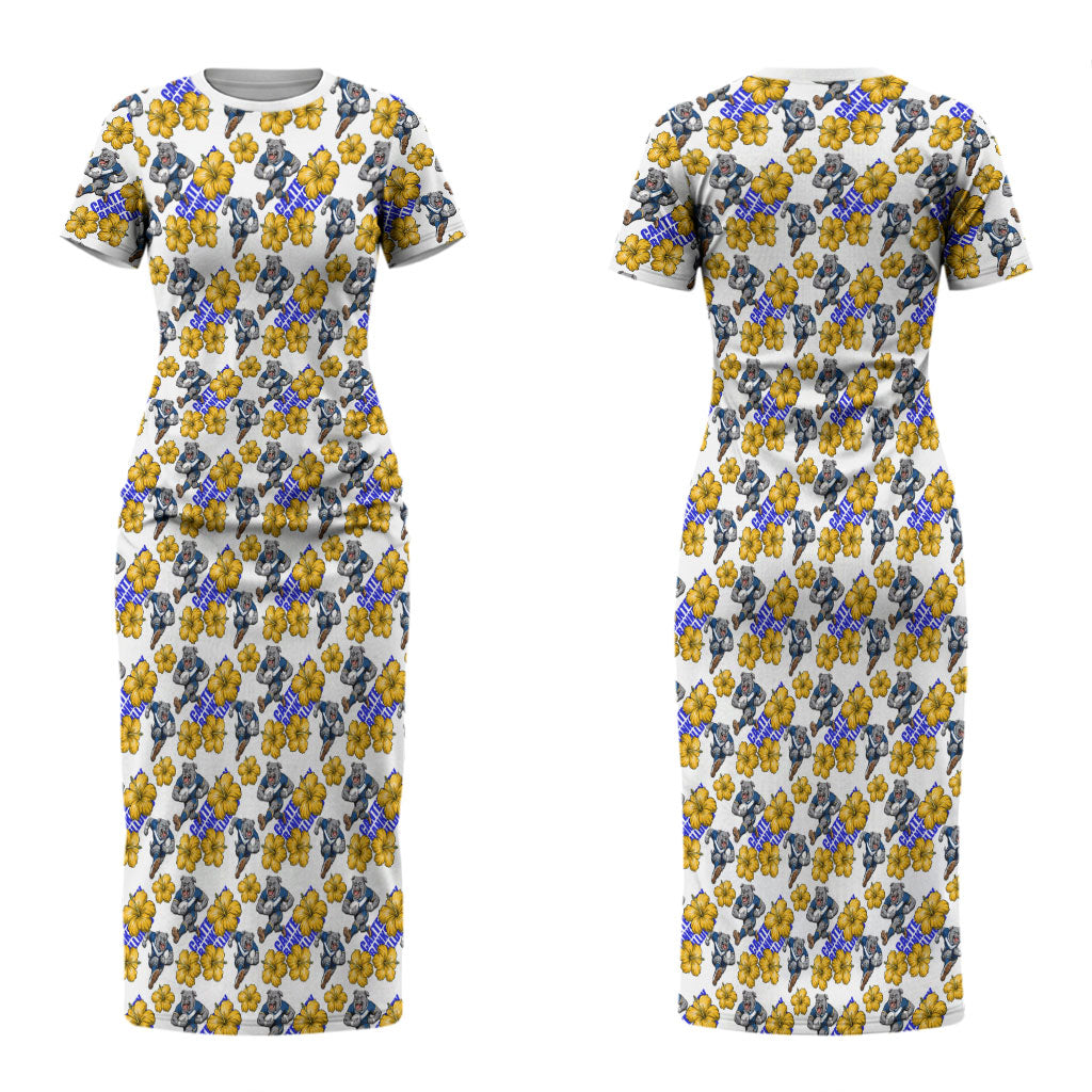 Canterbury-Bankstown Bulldogs Couples Matching Short Sleeve Bodycon Dress and Long Sleeve Button Shirt Tropical Hibiscus Floral Seamless Rugby Mascot
