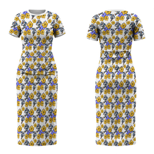 Canterbury-Bankstown Bulldogs Couples Matching Short Sleeve Bodycon Dress and Long Sleeve Button Shirt Tropical Hibiscus Floral Seamless Rugby Mascot