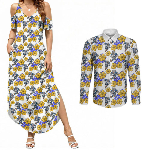 Canterbury-Bankstown Bulldogs Couples Matching Summer Maxi Dress and Long Sleeve Button Shirt Tropical Hibiscus Floral Seamless Rugby Mascot