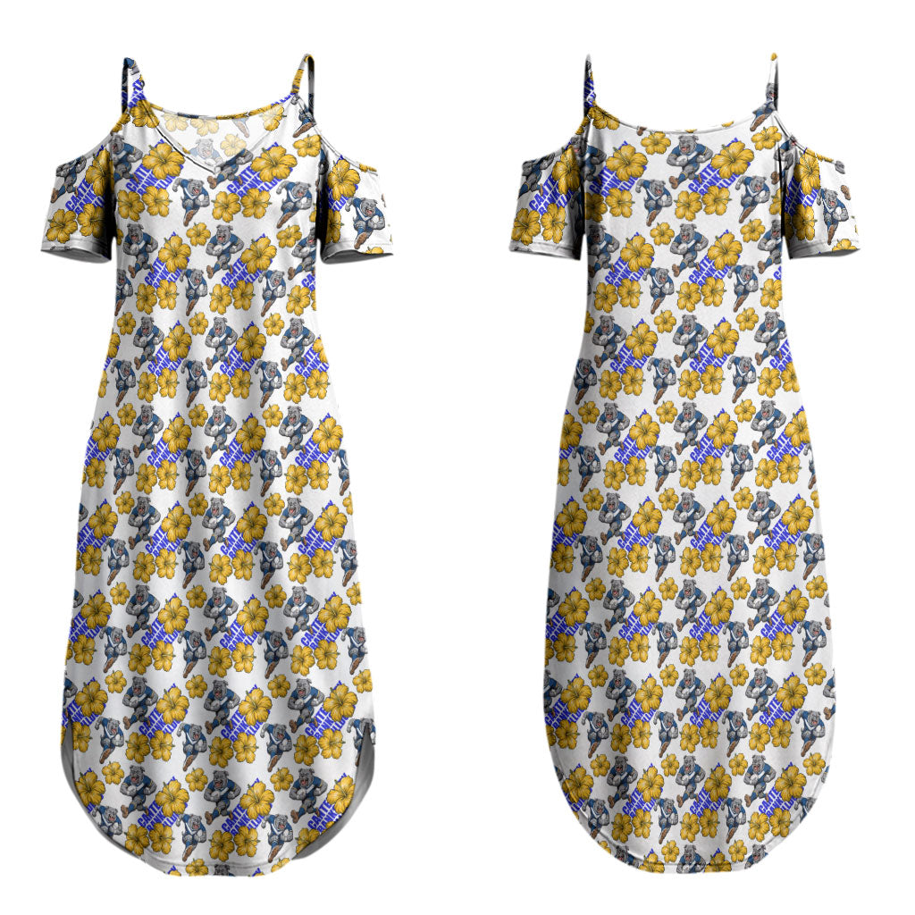 Canterbury-Bankstown Bulldogs Couples Matching Summer Maxi Dress and Long Sleeve Button Shirt Tropical Hibiscus Floral Seamless Rugby Mascot