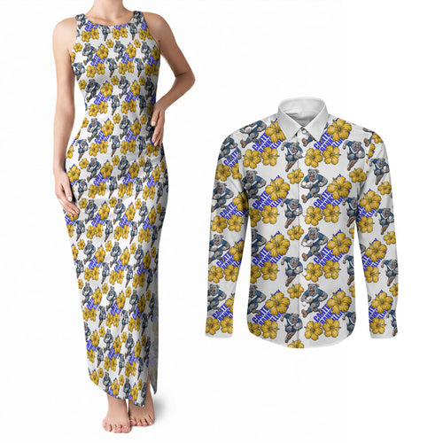 Canterbury-Bankstown Bulldogs Couples Matching Tank Maxi Dress and Long Sleeve Button Shirt Tropical Hibiscus Floral Seamless Rugby Mascot