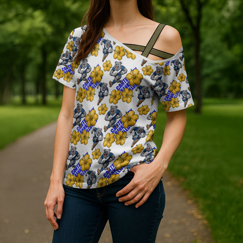 Canterbury-Bankstown Bulldogs Cross Shoulder Shirt Tropical Hibiscus Floral Seamless Rugby Mascot