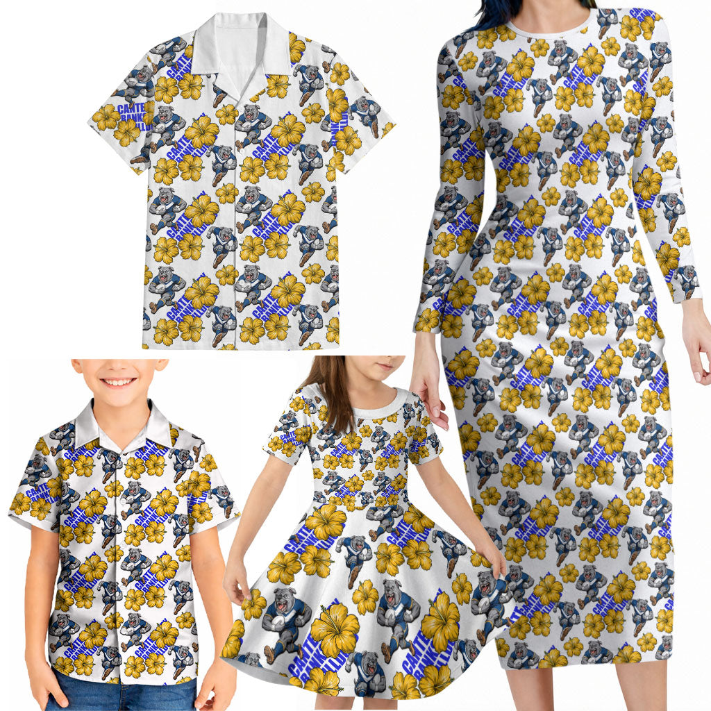 Canterbury-Bankstown Bulldogs Family Matching Long Sleeve Bodycon Dress and Hawaiian Shirt Tropical Hibiscus Floral Seamless Rugby Mascot