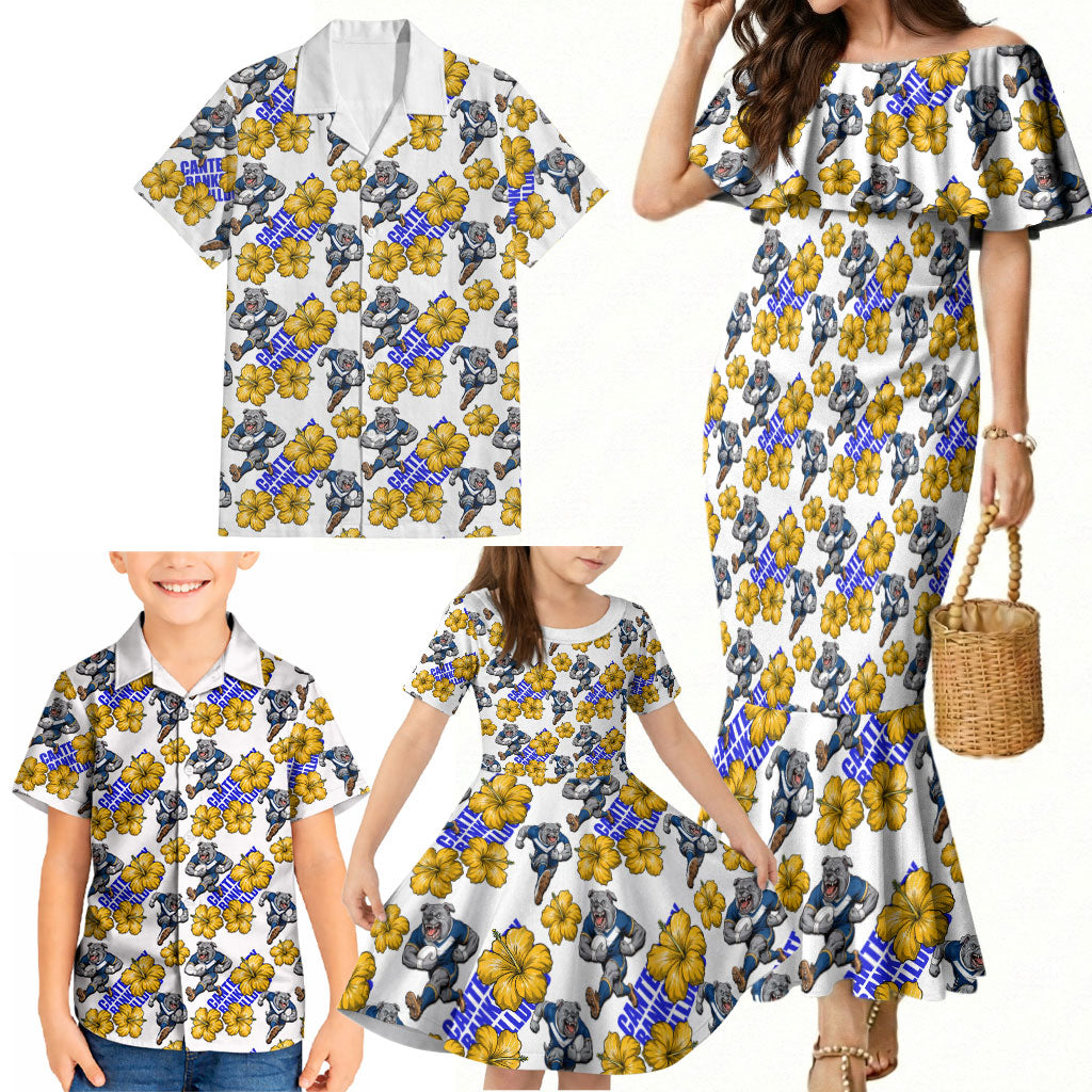 Canterbury-Bankstown Bulldogs Family Matching Mermaid Dress and Hawaiian Shirt Tropical Hibiscus Floral Seamless Rugby Mascot