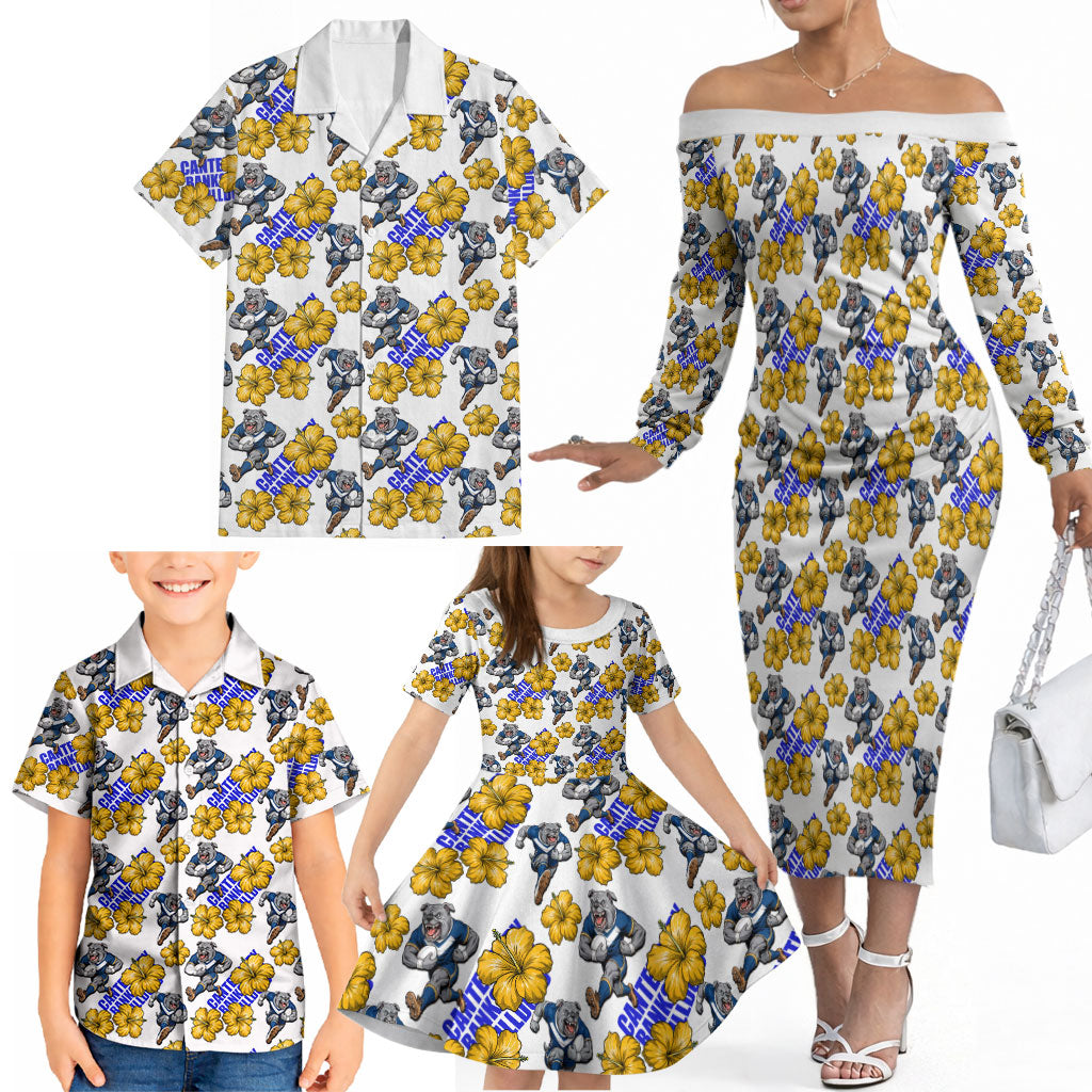 Canterbury-Bankstown Bulldogs Family Matching Off The Shoulder Long Sleeve Dress and Hawaiian Shirt Tropical Hibiscus Floral Seamless Rugby Mascot