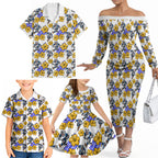 Canterbury-Bankstown Bulldogs Family Matching Off The Shoulder Long Sleeve Dress and Hawaiian Shirt Tropical Hibiscus Floral Seamless Rugby Mascot