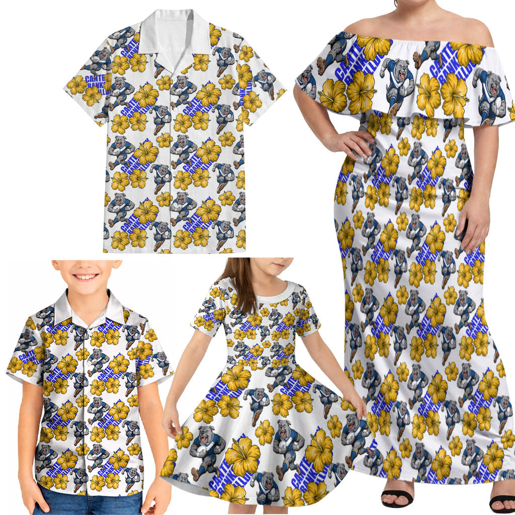 Canterbury-Bankstown Bulldogs Family Matching Off Shoulder Maxi Dress and Hawaiian Shirt Tropical Hibiscus Floral Seamless Rugby Mascot