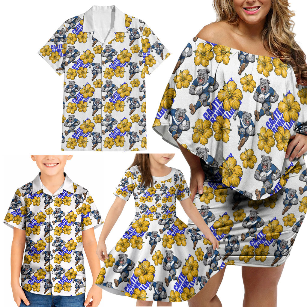 Canterbury-Bankstown Bulldogs Family Matching Off Shoulder Short Dress and Hawaiian Shirt Tropical Hibiscus Floral Seamless Rugby Mascot