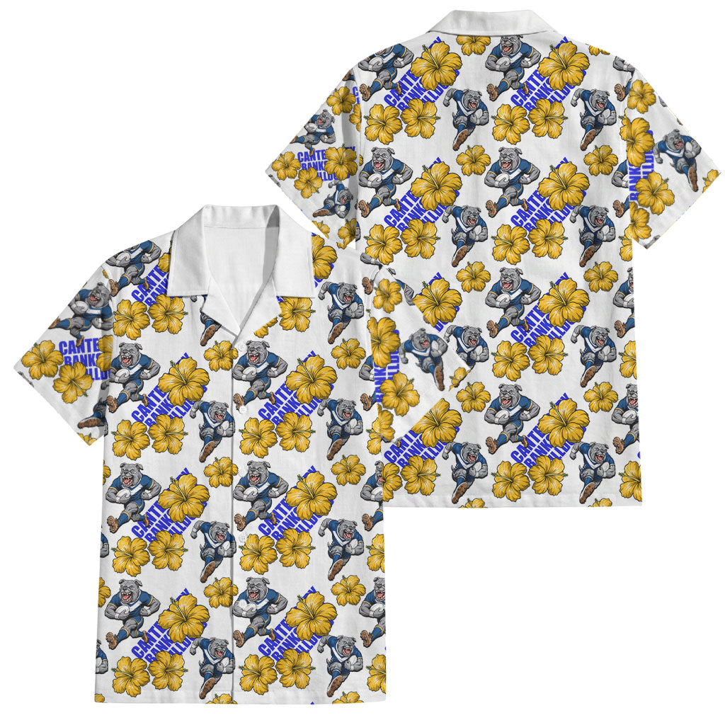 Canterbury-Bankstown Bulldogs Family Matching Puletasi and Hawaiian Shirt Tropical Hibiscus Floral Seamless Rugby Mascot