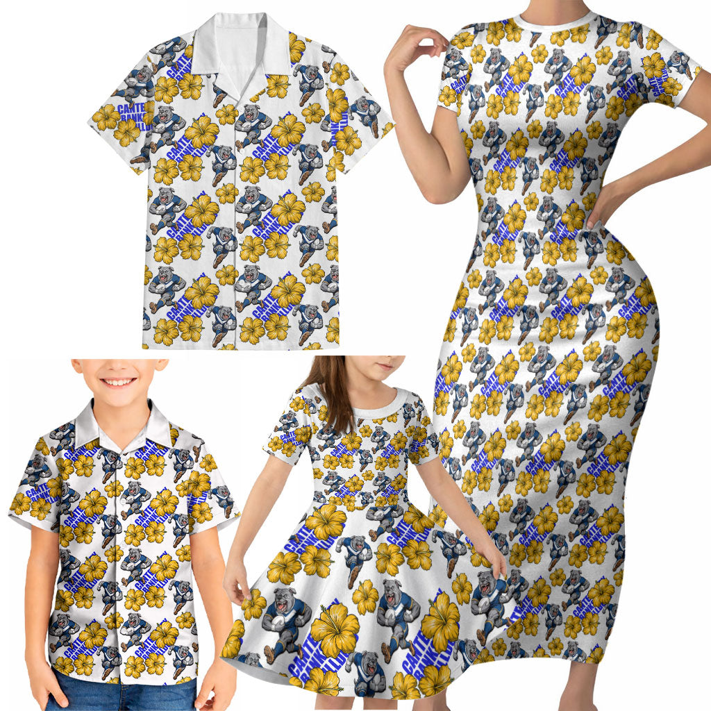 Canterbury-Bankstown Bulldogs Family Matching Short Sleeve Bodycon Dress and Hawaiian Shirt Tropical Hibiscus Floral Seamless Rugby Mascot