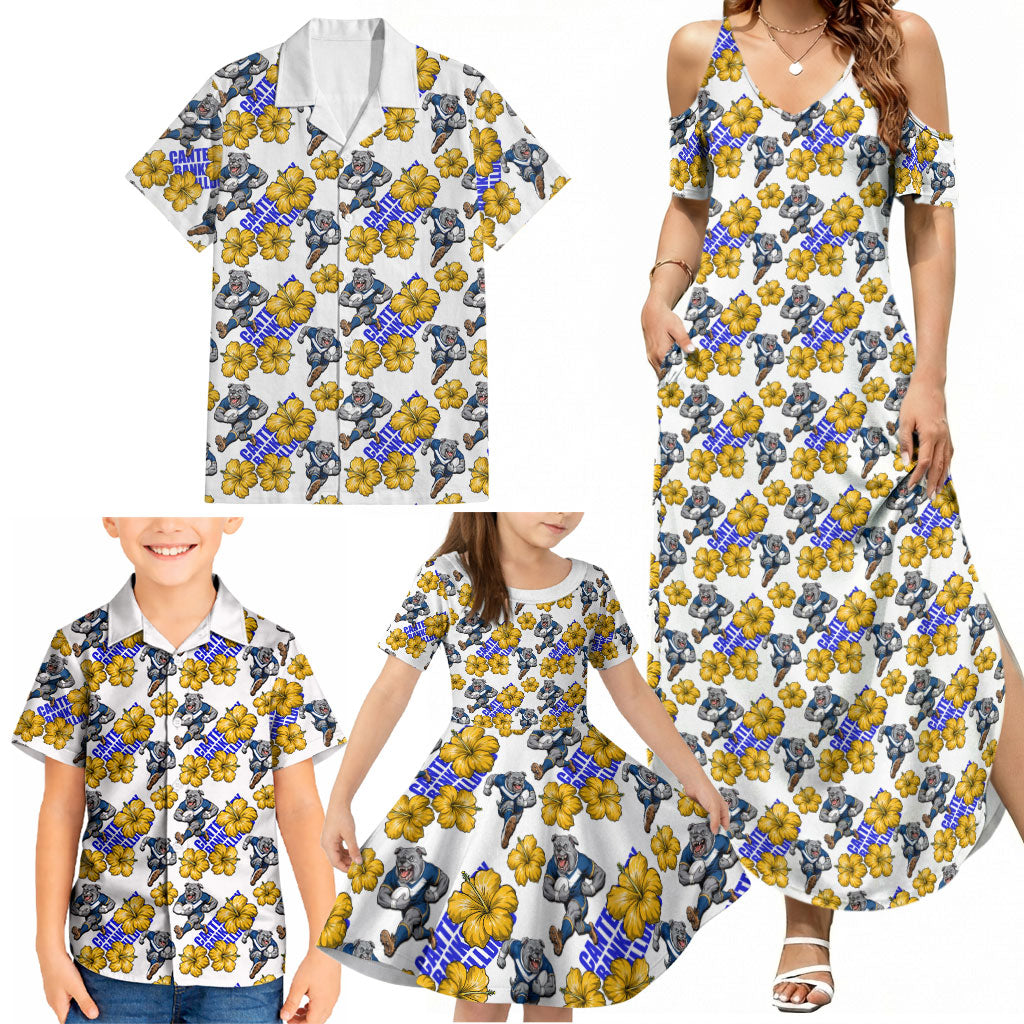 Canterbury-Bankstown Bulldogs Family Matching Summer Maxi Dress and Hawaiian Shirt Tropical Hibiscus Floral Seamless Rugby Mascot