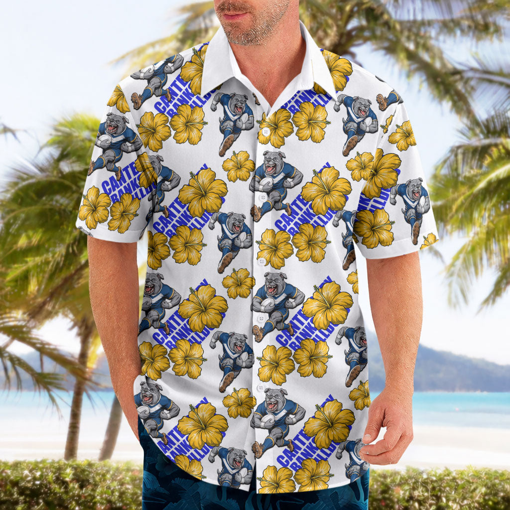 Canterbury-Bankstown Bulldogs Hawaiian Shirt Tropical Hibiscus Floral Seamless Rugby Mascot