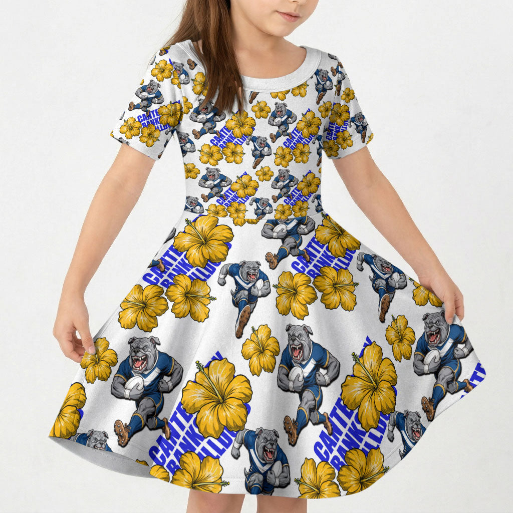 Canterbury-Bankstown Bulldogs Kid Short Sleeve Dress Tropical Hibiscus Floral Seamless Rugby Mascot