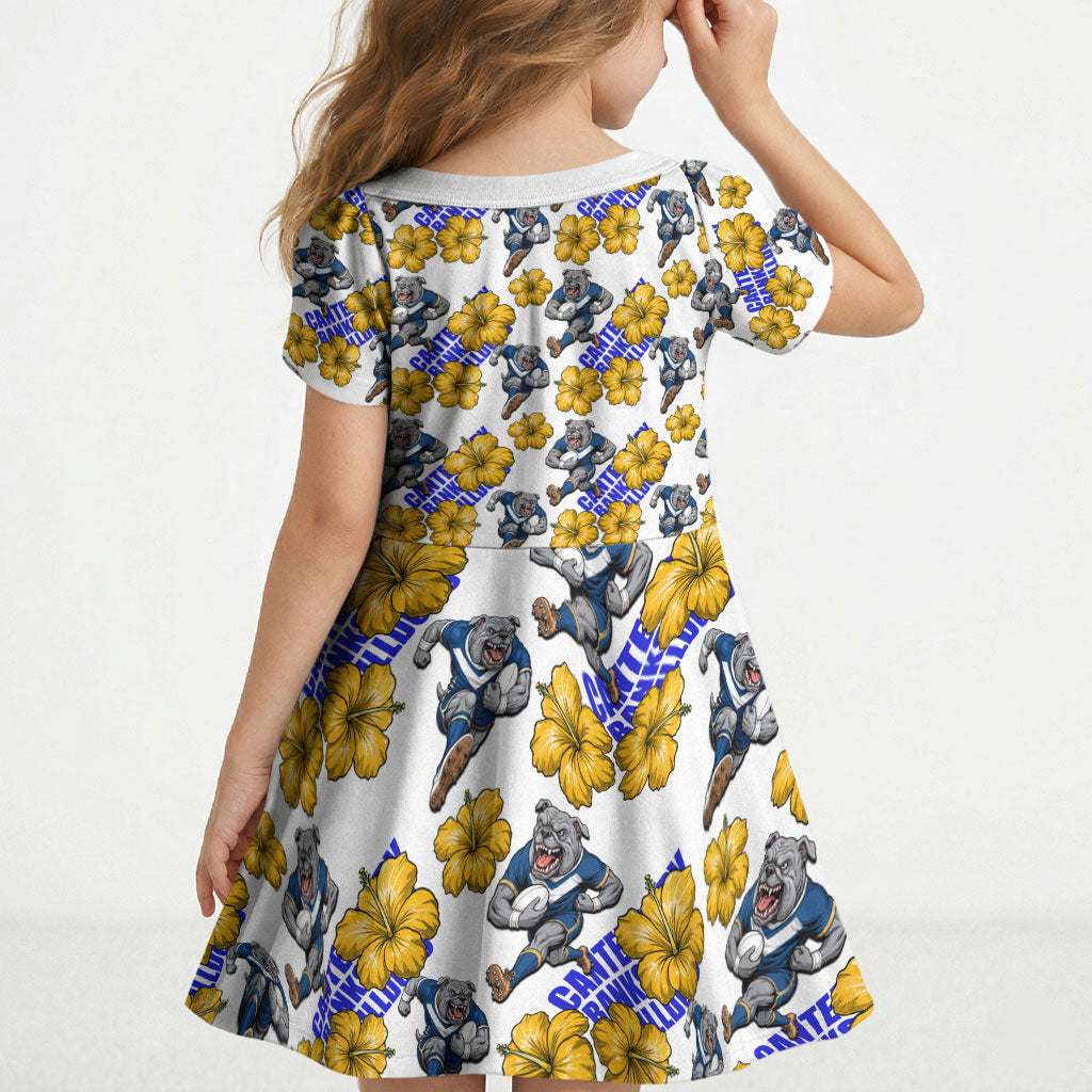 Canterbury-Bankstown Bulldogs Kid Short Sleeve Dress Tropical Hibiscus Floral Seamless Rugby Mascot