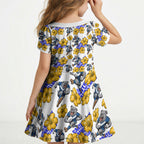 Canterbury-Bankstown Bulldogs Kid Short Sleeve Dress Tropical Hibiscus Floral Seamless Rugby Mascot