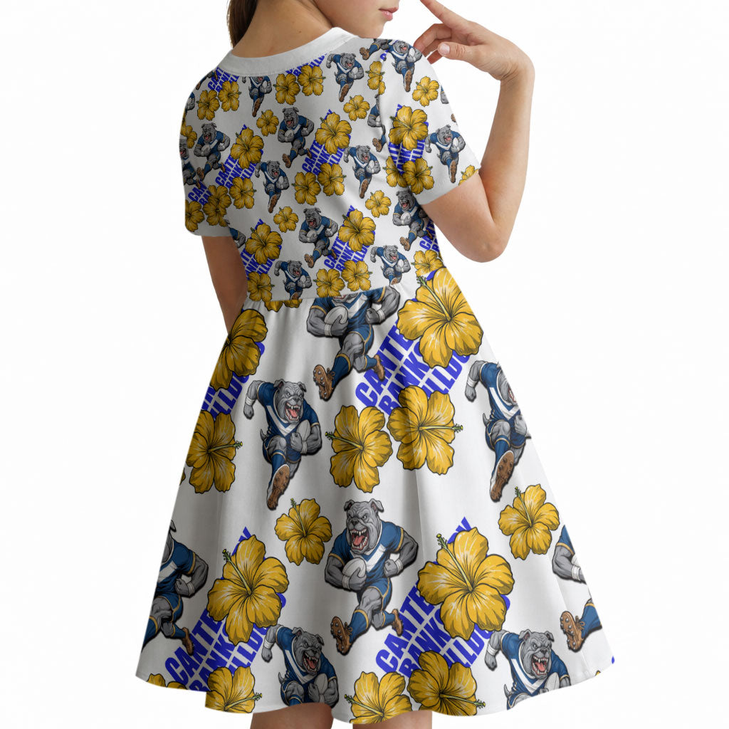 Canterbury-Bankstown Bulldogs Kid Short Sleeve Dress Tropical Hibiscus Floral Seamless Rugby Mascot