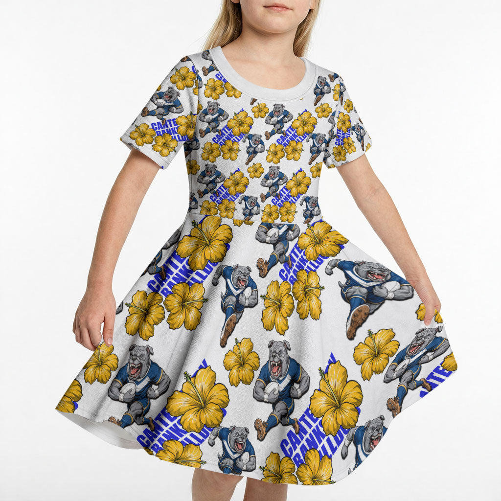 Canterbury-Bankstown Bulldogs Kid Short Sleeve Dress Tropical Hibiscus Floral Seamless Rugby Mascot