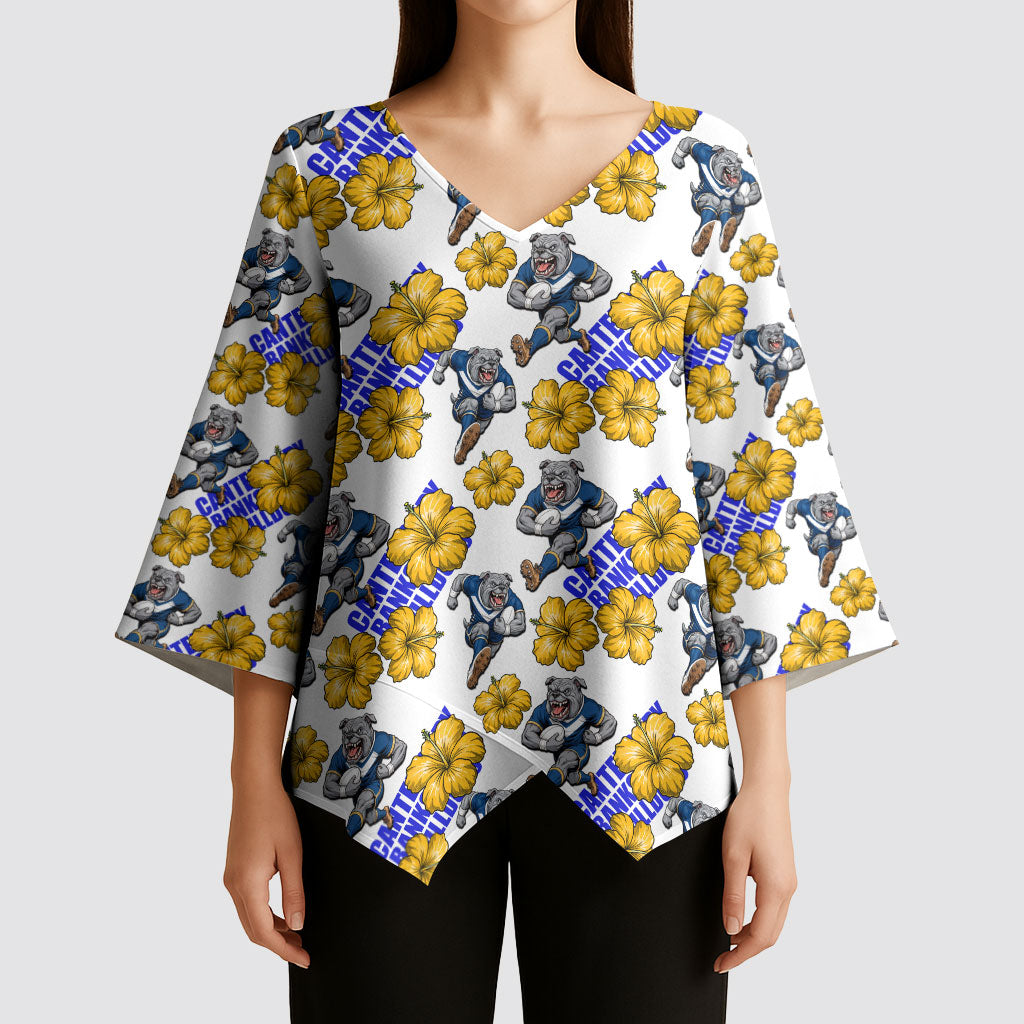Canterbury-Bankstown Bulldogs Kimono Sleeve Blouse Tropical Hibiscus Floral Seamless Rugby Mascot