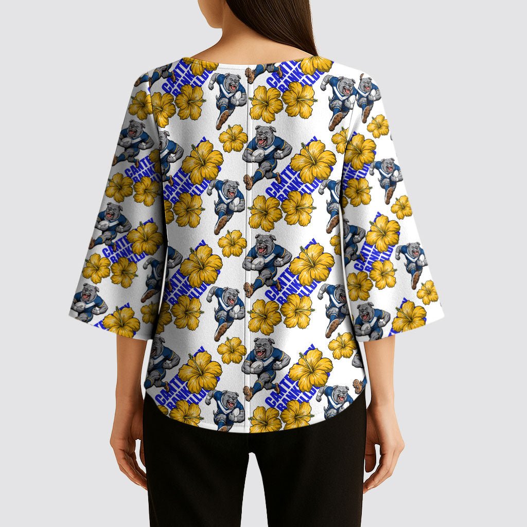 Canterbury-Bankstown Bulldogs Kimono Sleeve Blouse Tropical Hibiscus Floral Seamless Rugby Mascot