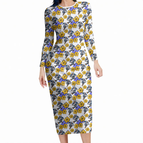 Canterbury-Bankstown Bulldogs Long Sleeve Bodycon Dress Tropical Hibiscus Floral Seamless Rugby Mascot
