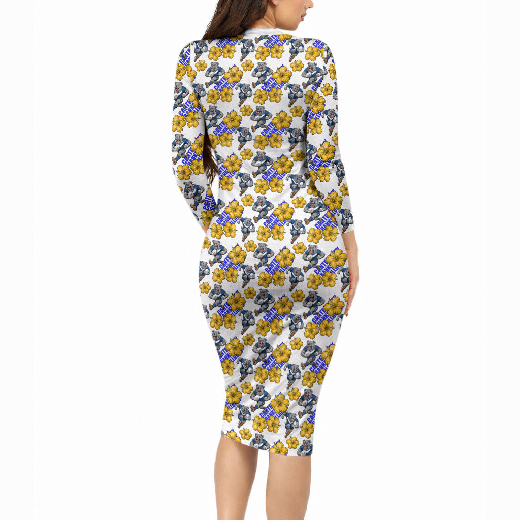 Canterbury-Bankstown Bulldogs Long Sleeve Bodycon Dress Tropical Hibiscus Floral Seamless Rugby Mascot