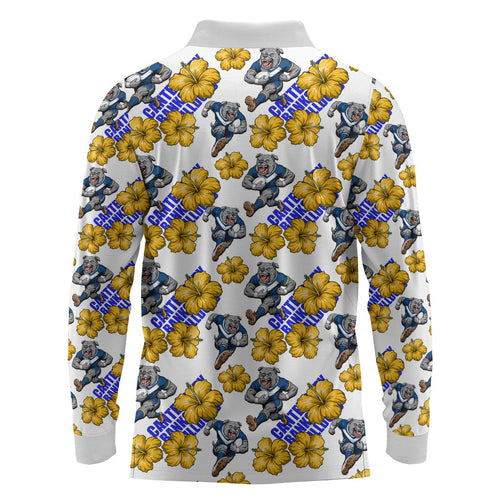 Canterbury-Bankstown Bulldogs Long Sleeve Polo Shirt Tropical Hibiscus Floral Seamless Rugby Mascot